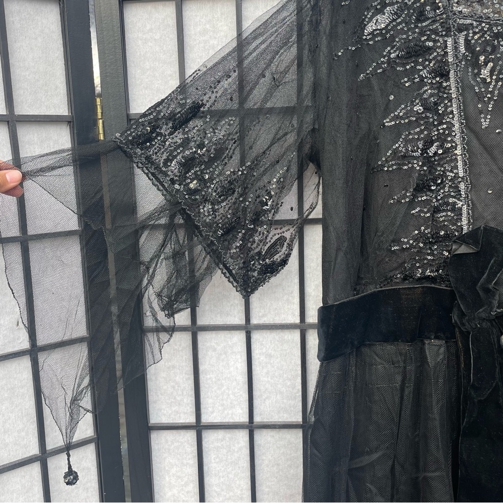 Antique 1910s Black Silk Tulle Beaded Sequin Edwardian Mourning Gibson Girl Gown - Picture 4 of 16